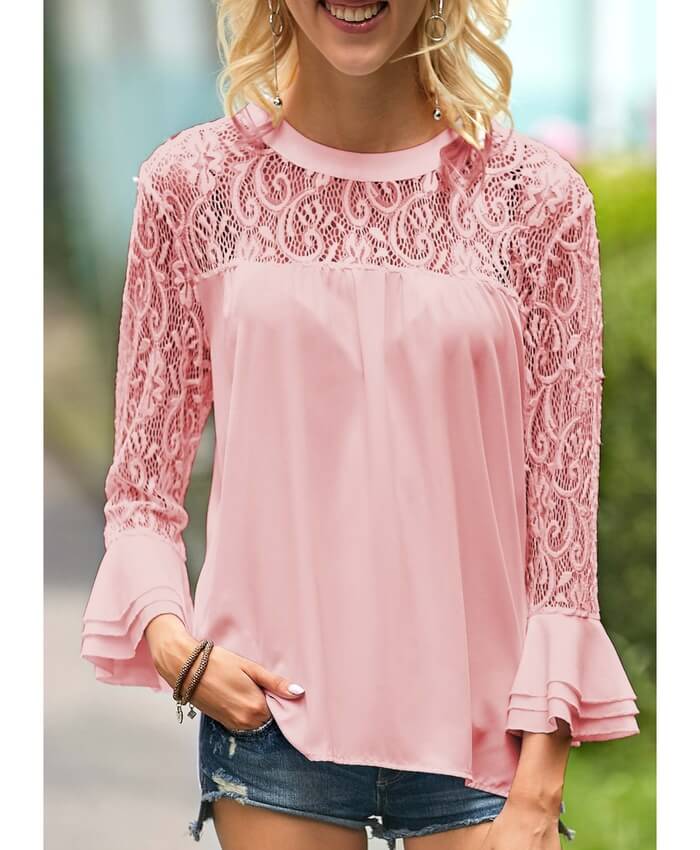 Flare Sleeve Lace Panel Round Neck Pink Blouse